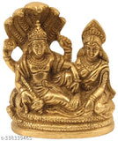 Golden brass statue of Chaturbahu Vishnu seated with Goddess Lakshmi on Sheshnag, Indian handcrafted art
