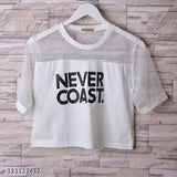 White cotton crop top with unique Never Coast print and net detail, suitable for women under 99 inches by Istyle Can