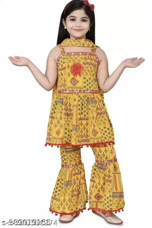 Yellow cotton blend anarkali kurta pajama and dupatta sets for kids girls party/festive wear, comfortable palazzos with sleeveless tops and printed design