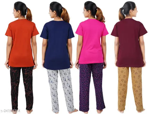 Cotton printed pyjama set in Rani pink, navy, and maroon combo - BEFLI loungewear for women