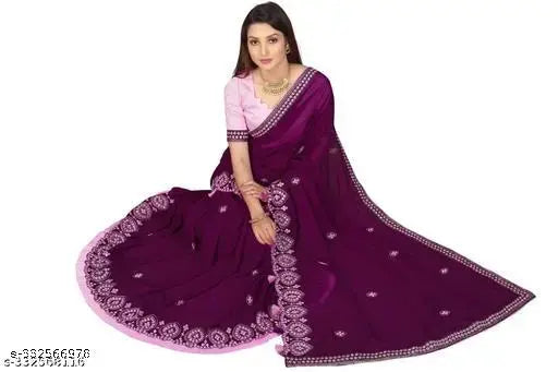 Black embroidered work sari with frill, tassel