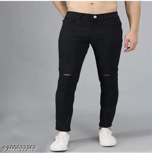 Men's black denim jeans, stretchable and high-quality for a comfortable fit. Black jeans size 28, 30, 32, 34 available. Full-length trousers with ankle length, suitable for casual or formal occasions. Made in India