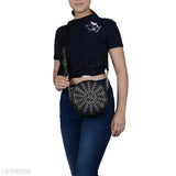 Black faux leather round sling bag with embroidered detail