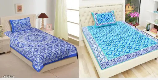 Attractive cotton single bedsheets combo (pack of 2), 140 thread count, India-made 85x59 size sheets with 2 pillow covers