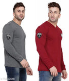 Multicolor cotton blend long sleeve V-neck t-shirt with solid pattern, available in sizes S to XL