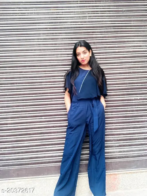 Stylish crepe jumpsuit for women, solid net, three-quarter sleeves. Indian partywear fashion