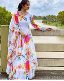 Georgette flared dress with dupatta, printed in vibrant floral motifs. Classic Indian ethnic long gown perfect for festivals and weddings