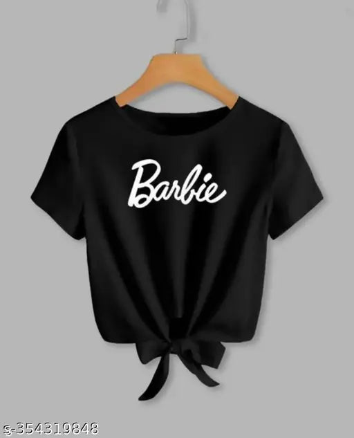 Black lycra crop top with Barbie print for women, short sleeves and trendy round neck