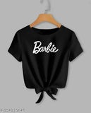 Black lycra crop top with Barbie print for women, short sleeves and trendy round neck