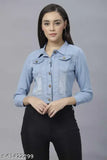 Light blue denim women's jacket, long sleeves, dyed/washed, stylish and comfortable, made in India