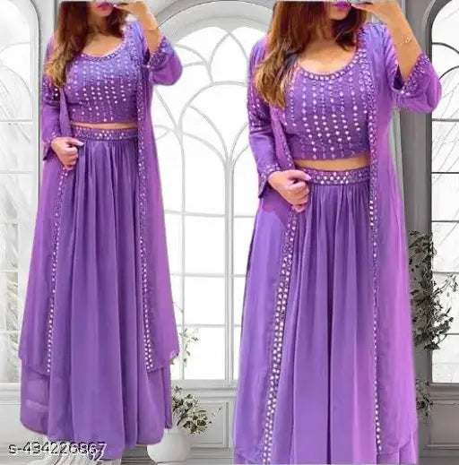 Lavender pink Georgette gown with choli, long sleeves, embroidery - women's wedding party wear for festivals and Bollywood events