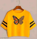 Classy cotton blend short sleeve t-shirts for women, printed with fashionable motifs. Single size S (34in bust, 24in length), made in India