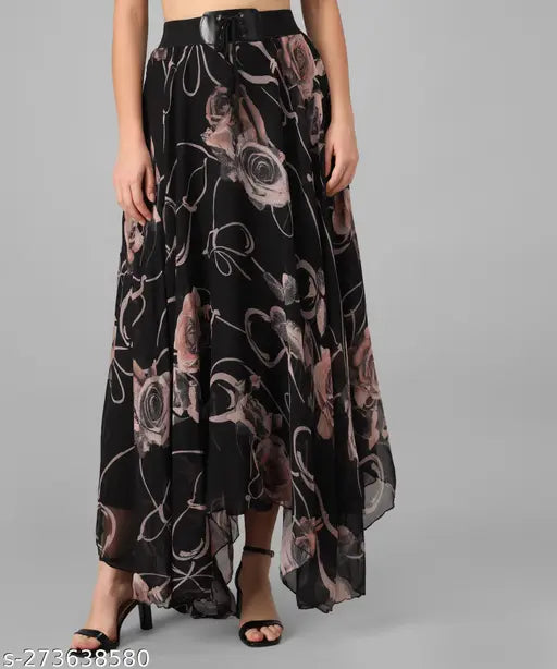 Black midi skirt with a long floral print