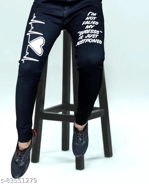 Men's black denim heartbeat printed funky Amazig look jeans, bold placement print, mildly distressed design, new trending collection