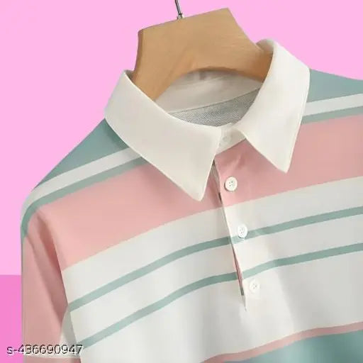Korean multicolor striped Lycra long-sleeve polo shirt in pastel pink, blue, and white with button-up front and cuffed sleeves
