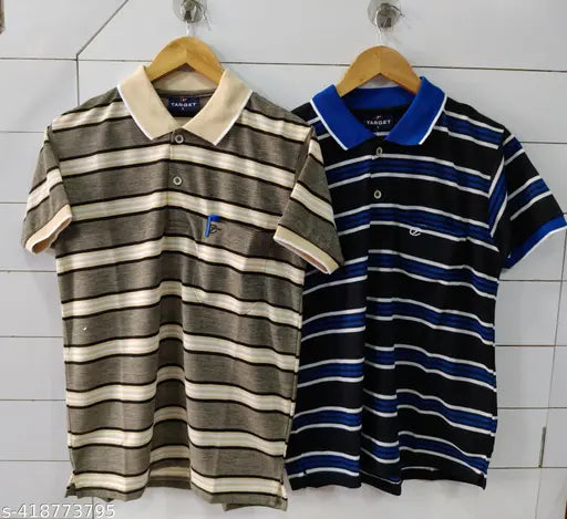 Multicolor striped cotton blend polo t-shirt for men, extra large size, India origin