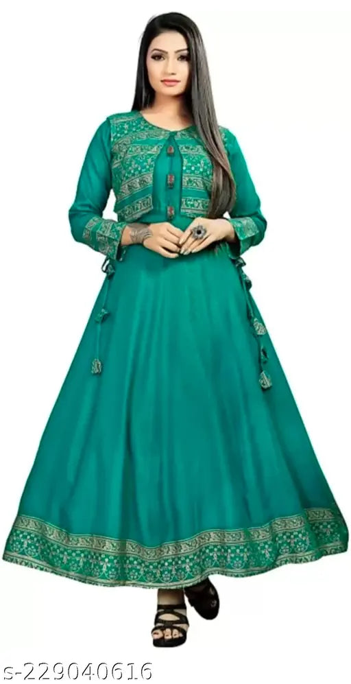 Rayon Anarkali kurti with koti, printed Bollywood-inspired design, three-quarter sleeves for women, Indian origin
