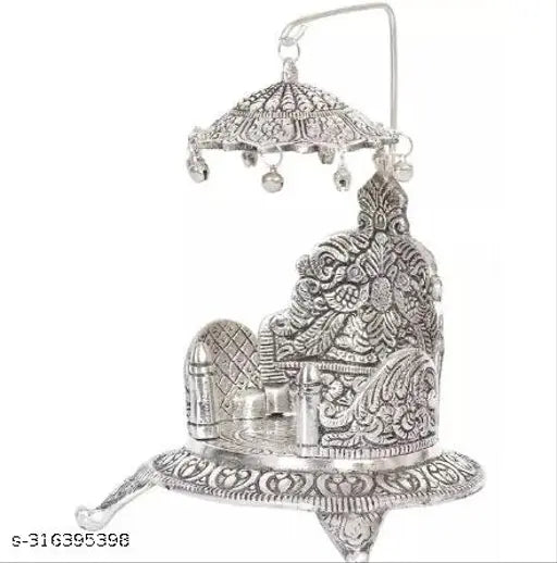 White metal chandra art collection temple home decorative aluminum singhasan throne and chatra umbrella statue for Ganesha Krishna idol, Pooja Chowki