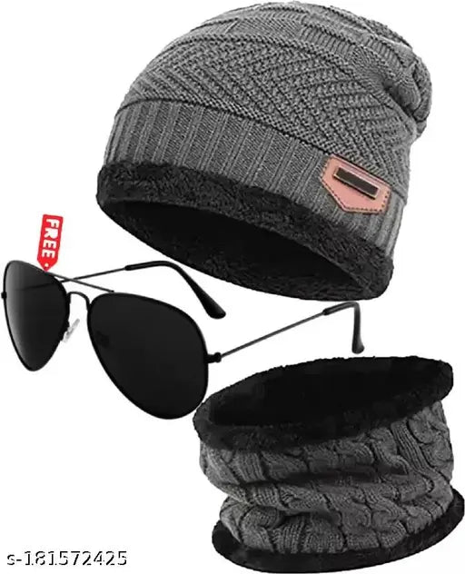 Striped cotton beanie hat with fleece lining, neck scarf, polarized sunglasses, and LED band - winter essential for men & boys