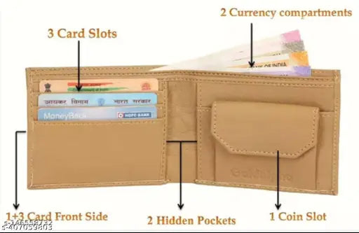 Beige faux leather men's formal wallet, perfect for travel or parties, featuring 2 compartments and 7 card slots