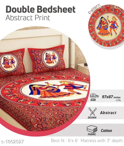 Artistic cotton printed double bedsheet, high-quality bed linen set with matching pillow covers (180 thread count), ready for dispatch in 2-3 days