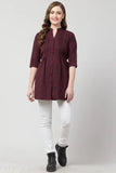 Maroon printed cotton top, three-quarter sleeves check pattern, Indian women's kurti on mannequin