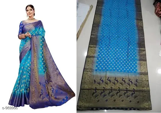 Trendy Banarasi silk printed saree, vibrant Indian fashion wear for women