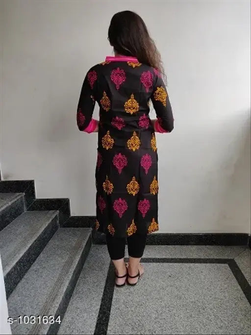 Black printed cotton kurta, long length, straight cut