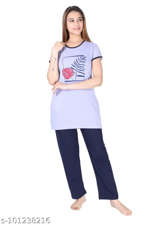 Printed polycotton ladies long night suit, loose-fitting and high stretch for summer. No fade or shrinkage issues, perfect length to hide tummy. Good for leggings and tight jeans