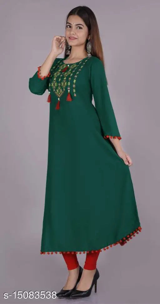 Deep green, long-sleeve kurta with red borders and embroidered designs