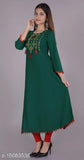Deep green, long-sleeve kurta with red borders and embroidered designs