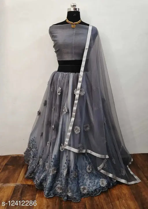 Silk and net semi-stitched petite lehenga with embroidered dupatta in solid and lace patterns, Indian women's traditional wear