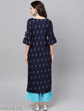 Rayon printed kurta plazzo set, three-quarter sleeves, Indian women's fashion, elegant classic look, rayon fabric, subtle colors, India origin
