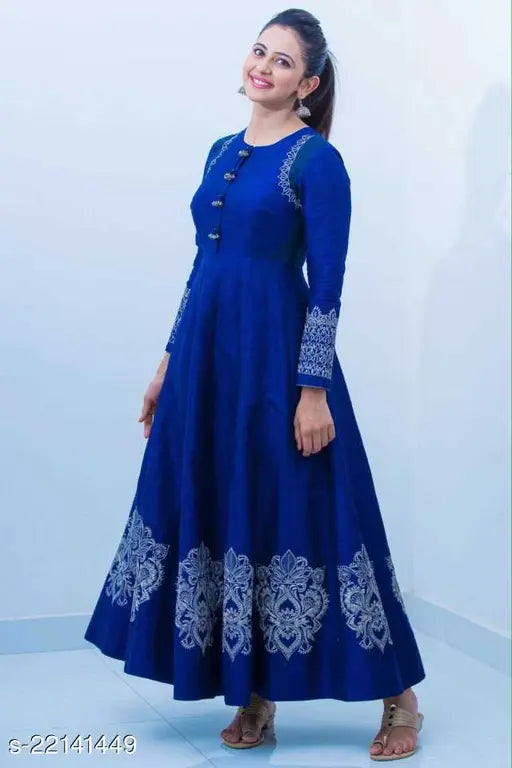 Royal blue rayon Rakul Preet Singh gown, printed full-length fashion dress on display