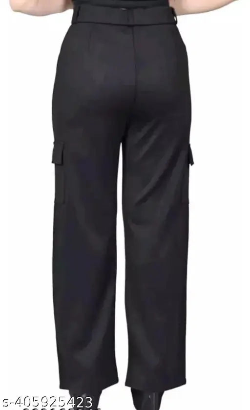 Black cotton wide leg cargo pants with insert pockets, zip fly, relaxed fit