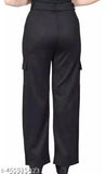 Black cotton wide leg cargo pants with insert pockets, zip fly, relaxed fit