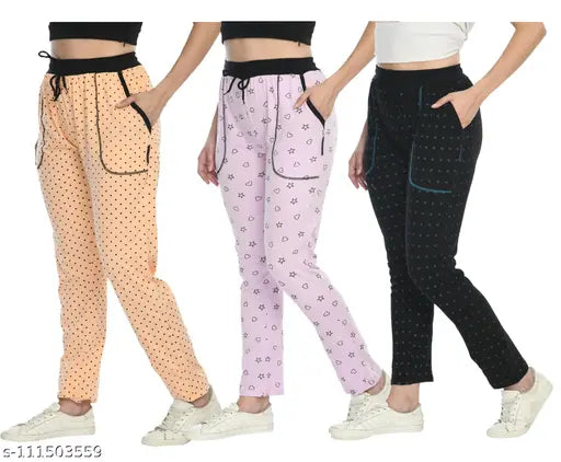 IndiWeaves women's cotton track pants, pack of 3, printed with a lower case "i" pattern