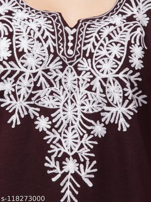 A wool kurti with winter design, long sleeves, embroidered