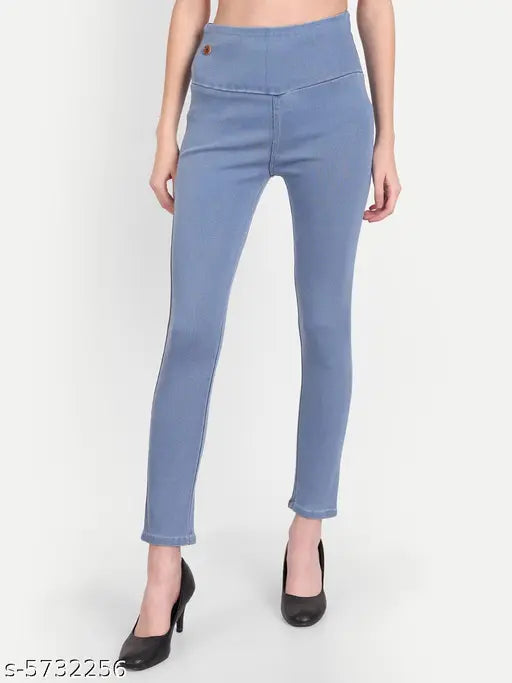 Skyblue denim jeggings for women, high waist and skinny fit with stretchable elastic closure, ankle length