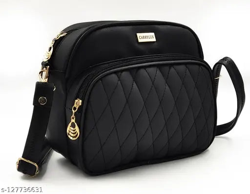 Black sling bag with multiple compartments, adjustable strap