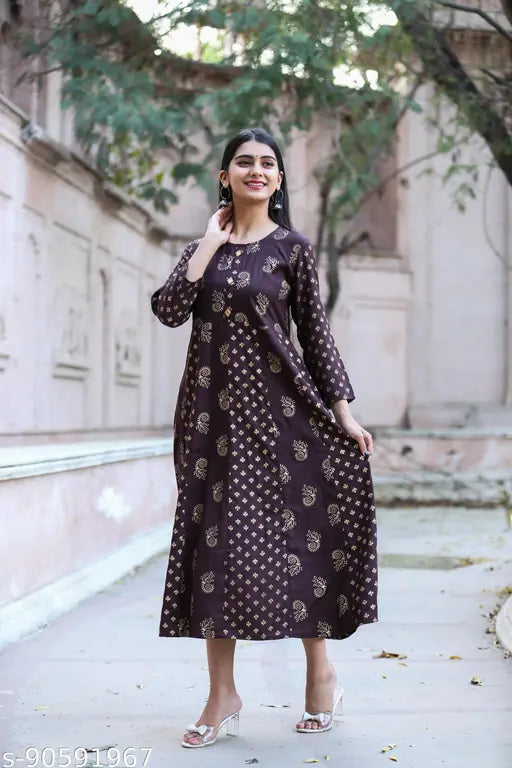 Rayon gold printed Anarkali kurti, three-quarter sleeves, brown color, contrast print design for women's fashion, India origin