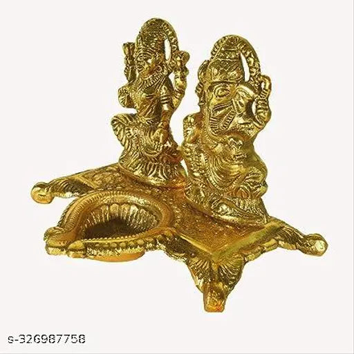 Metal GEETA S Laxmi Ganesh with Deepak - Indian home decorative statue, 15cm x 11cm x 10cm (LxHxW)