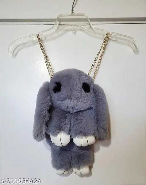 Adorable grey plush toy hanging from necklace chain, stuffed animal slingbag for children