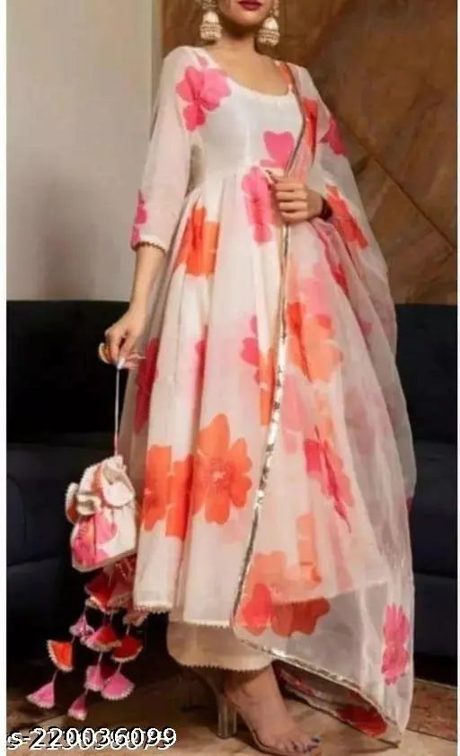 Printed georgette floral Anarkali Kurta set with dupatta & pant (SXXL), perfect for summer fashion