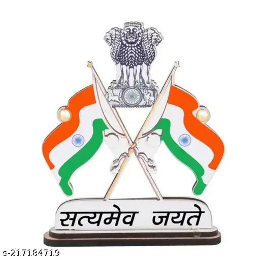 Double-sided, Indian flag stand with Satyamev Jayate emblem for car dashboard or table, handcrafted in India