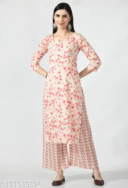 Rayon floral print kurta & palazzo set for couples, three-quarter sleeves, Indian printed net design