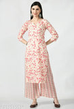 Rayon floral print kurta & palazzo set for couples, three-quarter sleeves, Indian printed net design