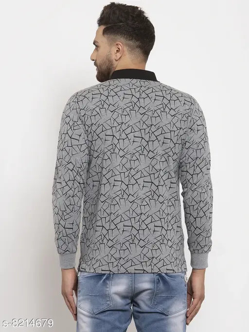 Grey cotton blend Wild West polo collar full sleeve men's t-shirt featuring western print
