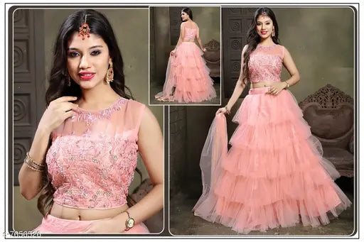 Peach net embroidered choli and dupatta set, free size Indian bridal wear on mannequin