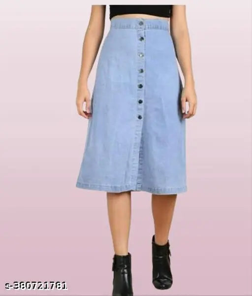 Long denim skirt with two pockets and a black top visible in the image